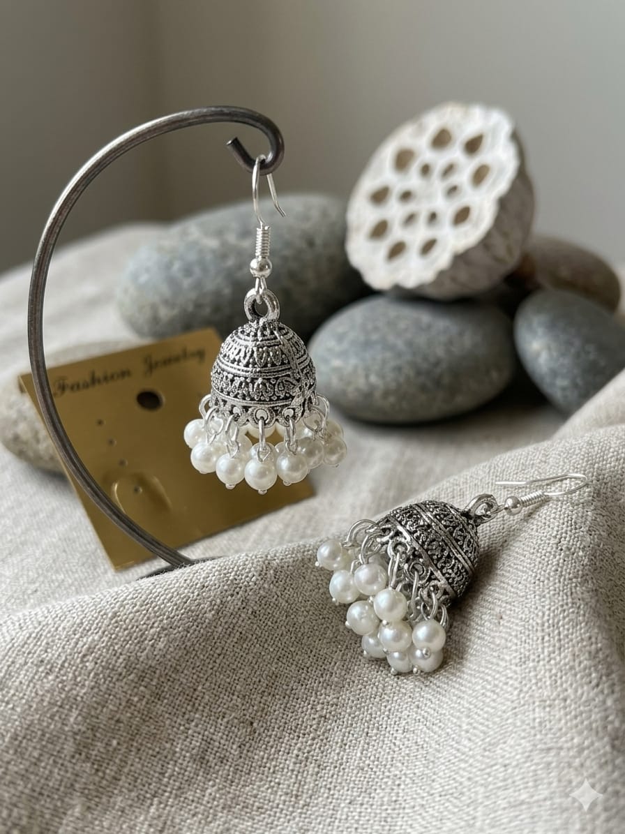 Oxidized white jhumki